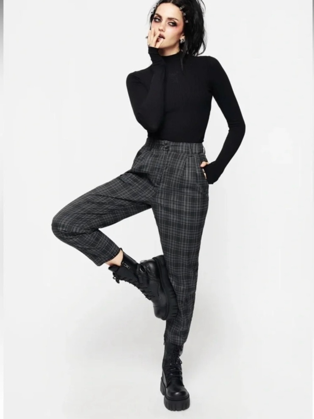 Disturbia Green and Black Plaid High-Waist Trousers
